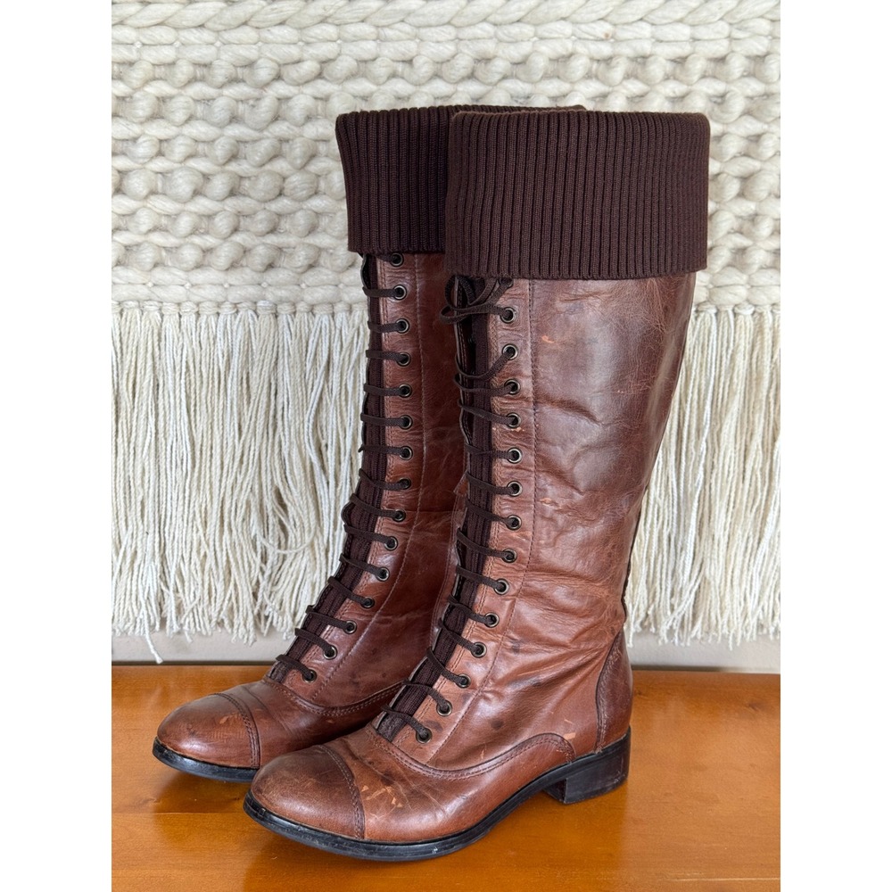 Cole Haan Air Whitley Brown Leather Knit Cuff Knee High Riding Boots Size 7.5